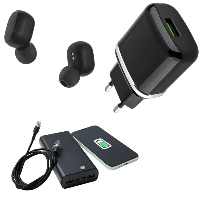 سماعات أذن لاسلكية، وشاحن حائطي USB، وبطارية محمولة مع كابلها