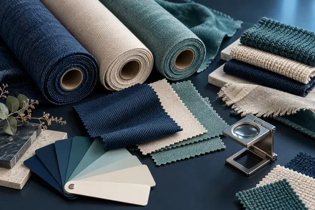 Concept illustration of fabric rolls, swatches and textile production