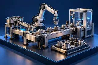 Concept illustration of production equipment and machined components